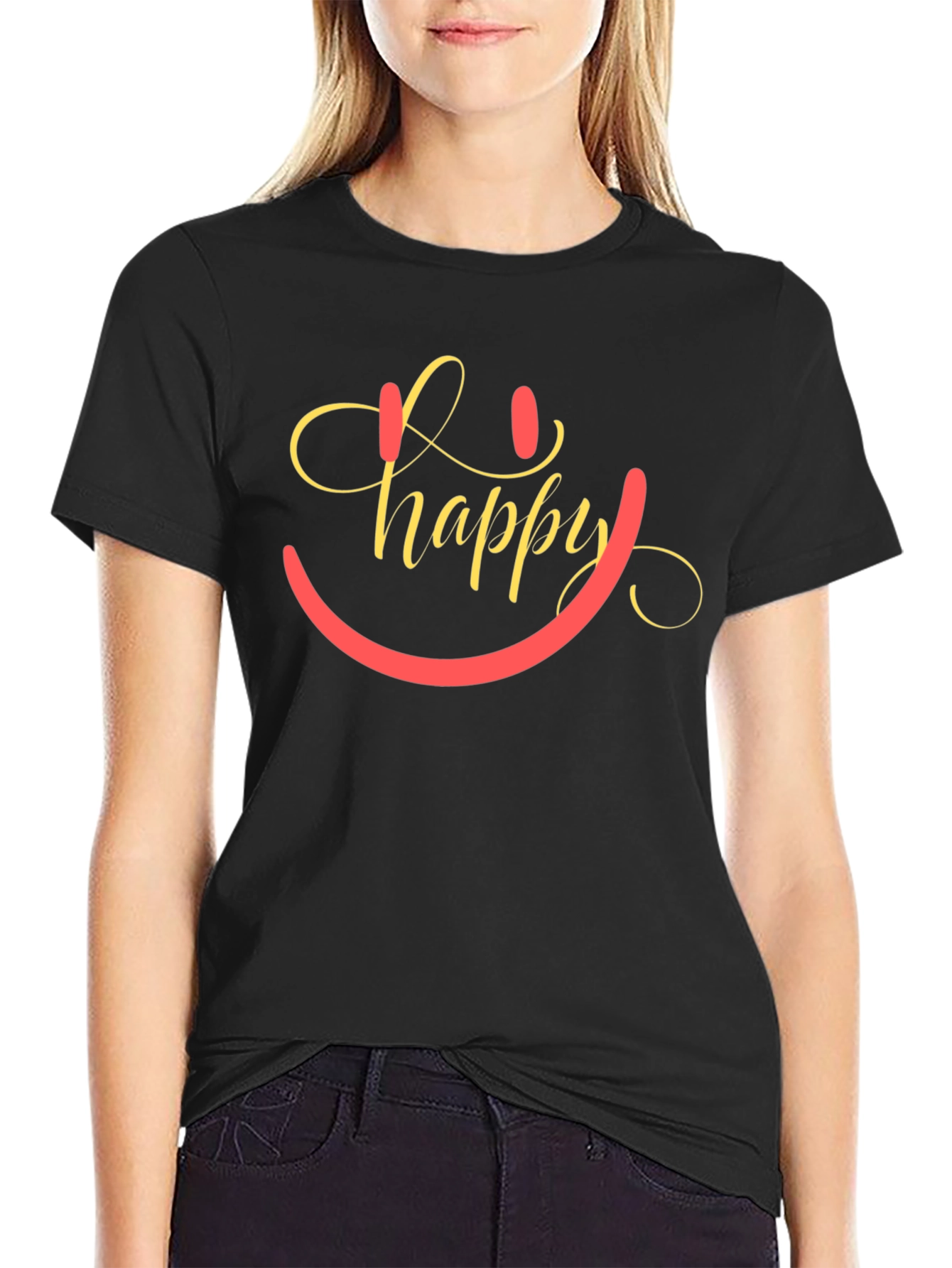 Happy Smiley Face Graphic Tee - Black Cotton Blend