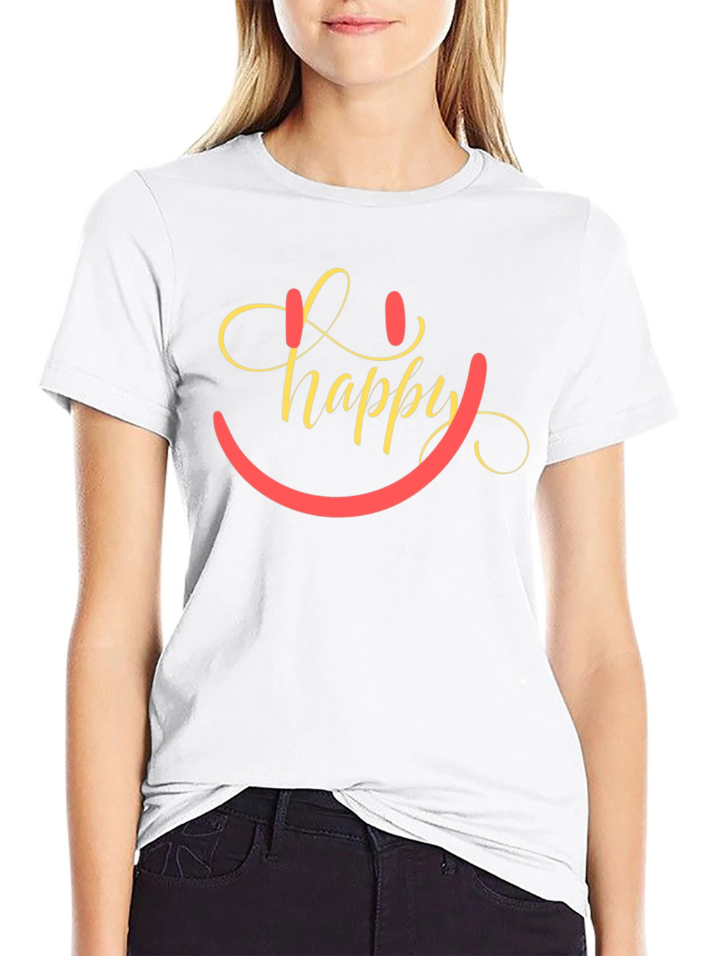 Happy Smiley Face Graphic Tee - Black Cotton Blend