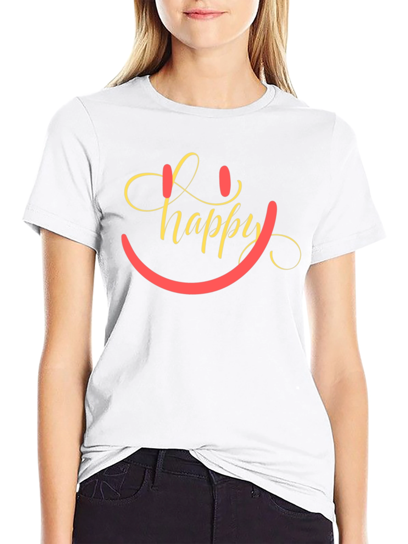 Happy Smiley Face Graphic Tee - Black Cotton Blend