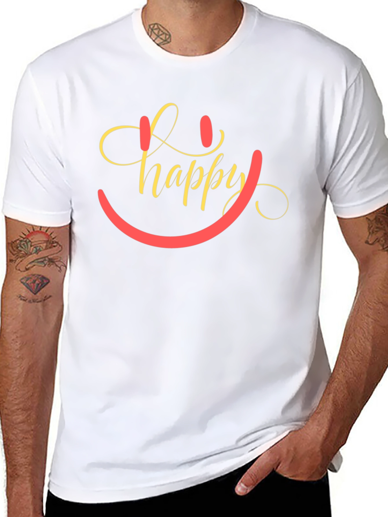 Happy Smiley Face Graphic Tee - Black Cotton Blend