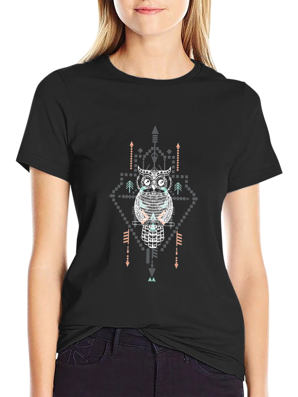 Tribal Owl Graphic Tee - Black Cotton T-Shirt