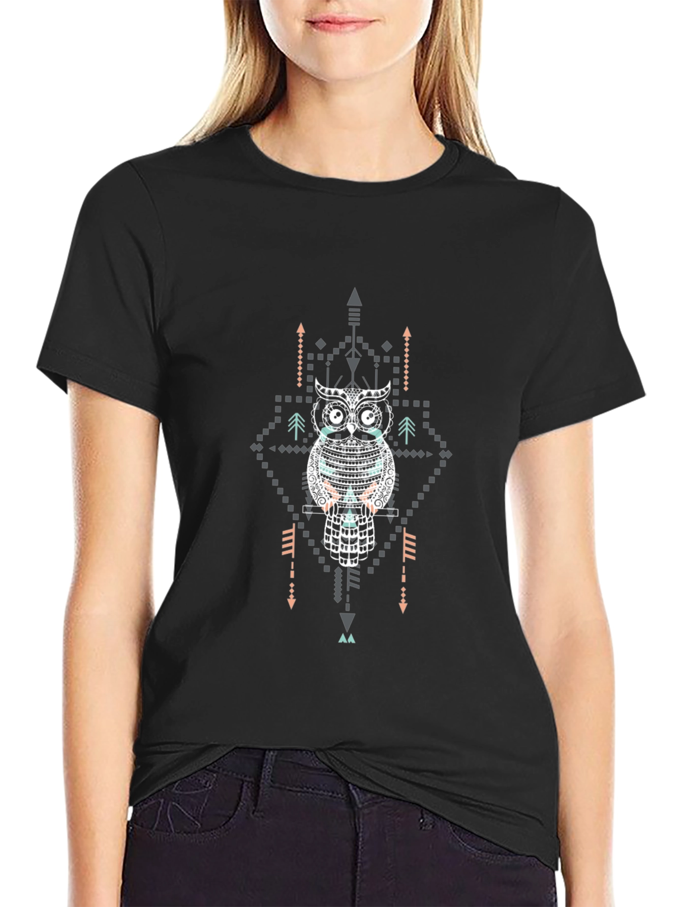 Tribal Owl Graphic Tee - Black Cotton T-Shirt