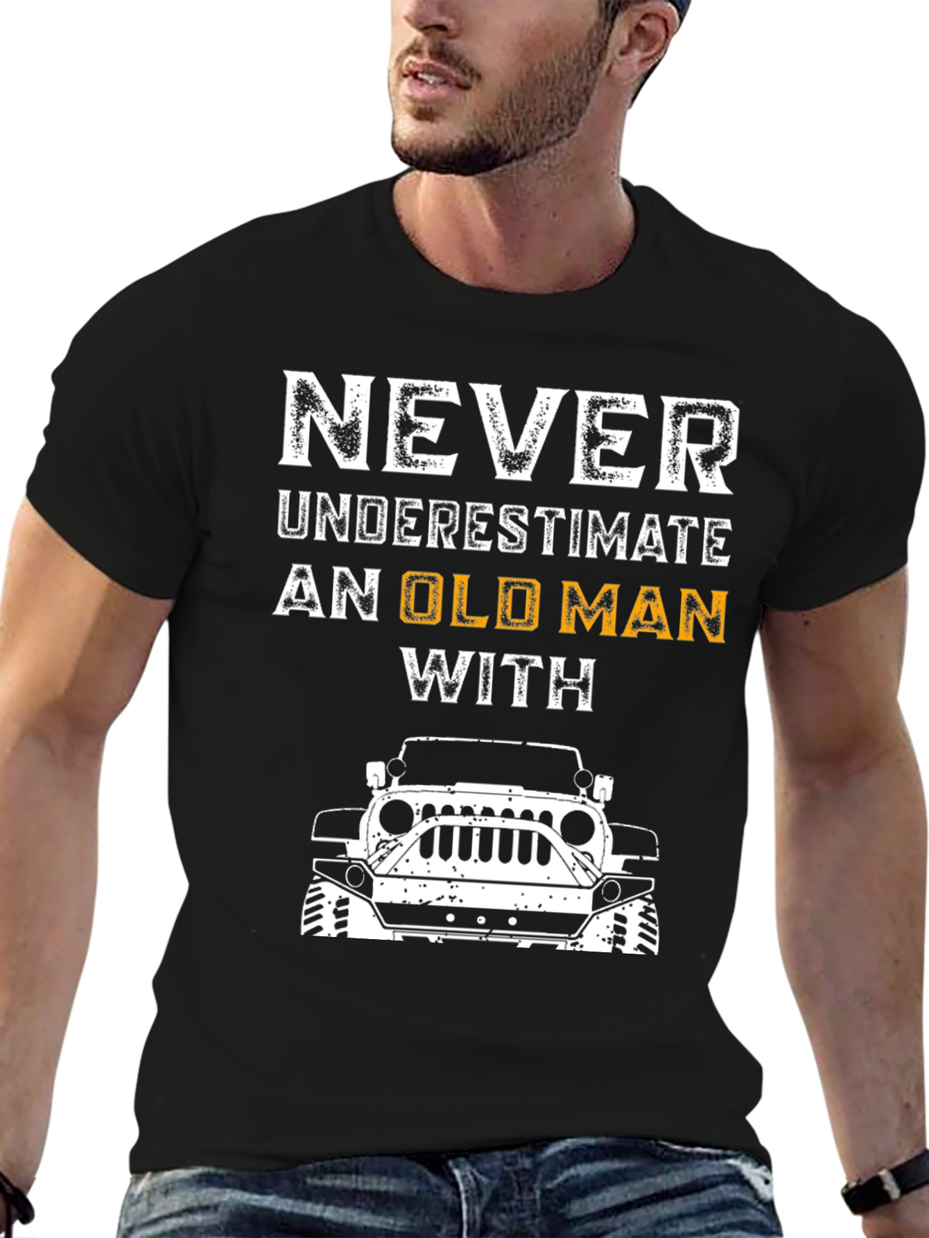 Old Man With Jeep T-Shirt - Black