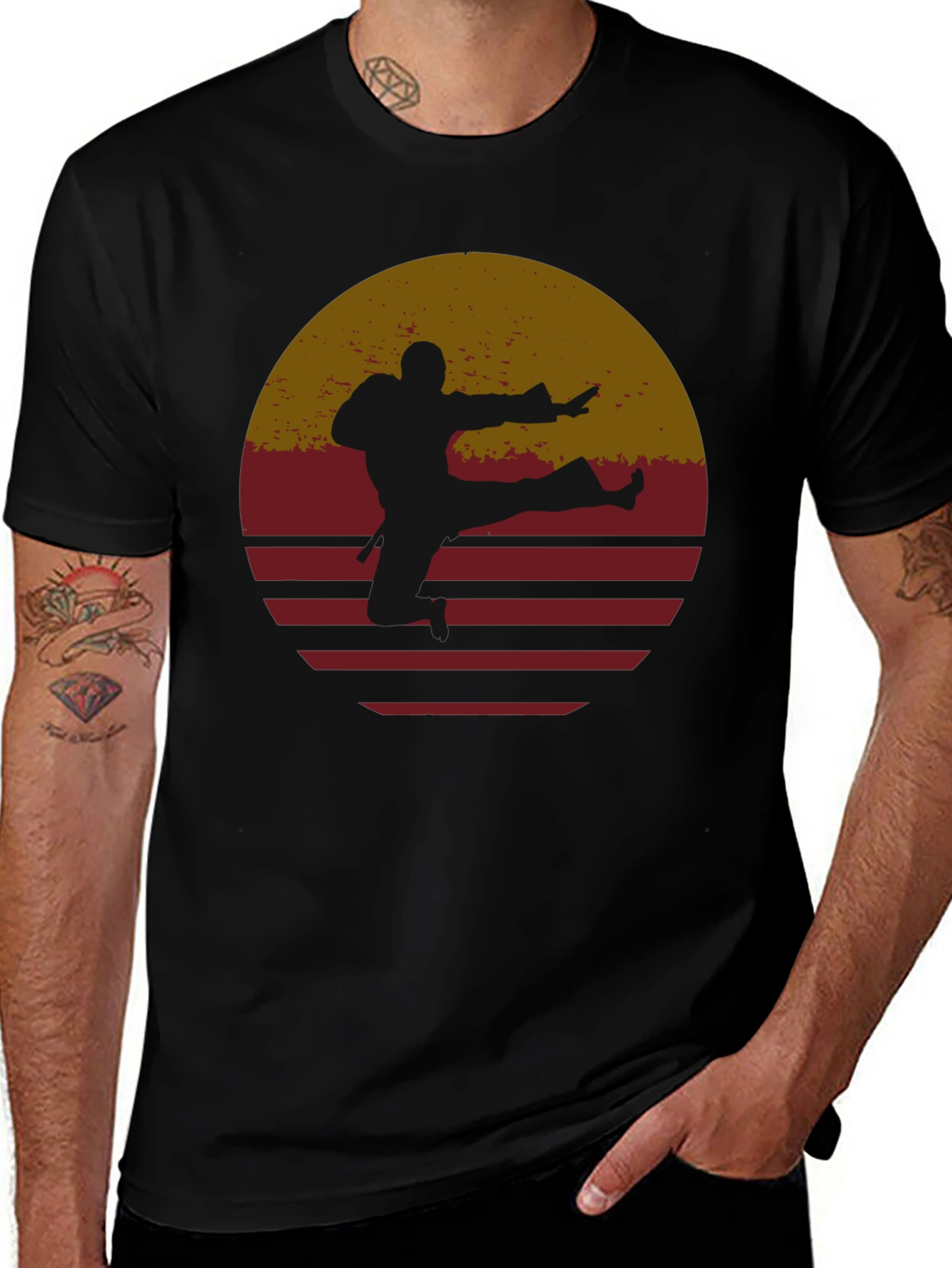 Retro Karate Sunset Graphic Tee - Black