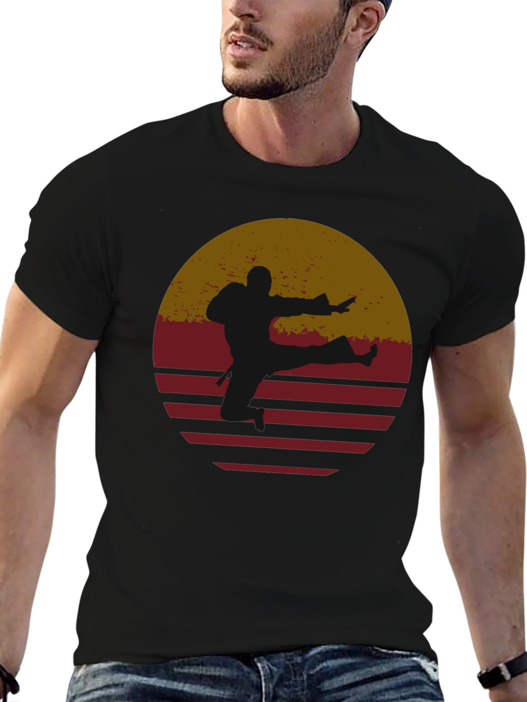 Retro Karate Sunset Graphic Tee - Black