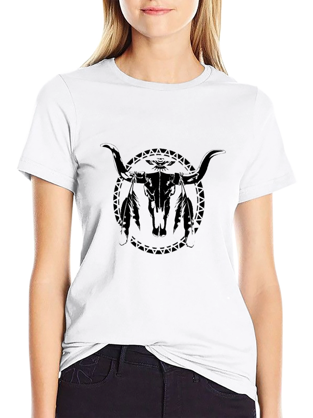 Black Bull Skull Graphic Tee - Western Style