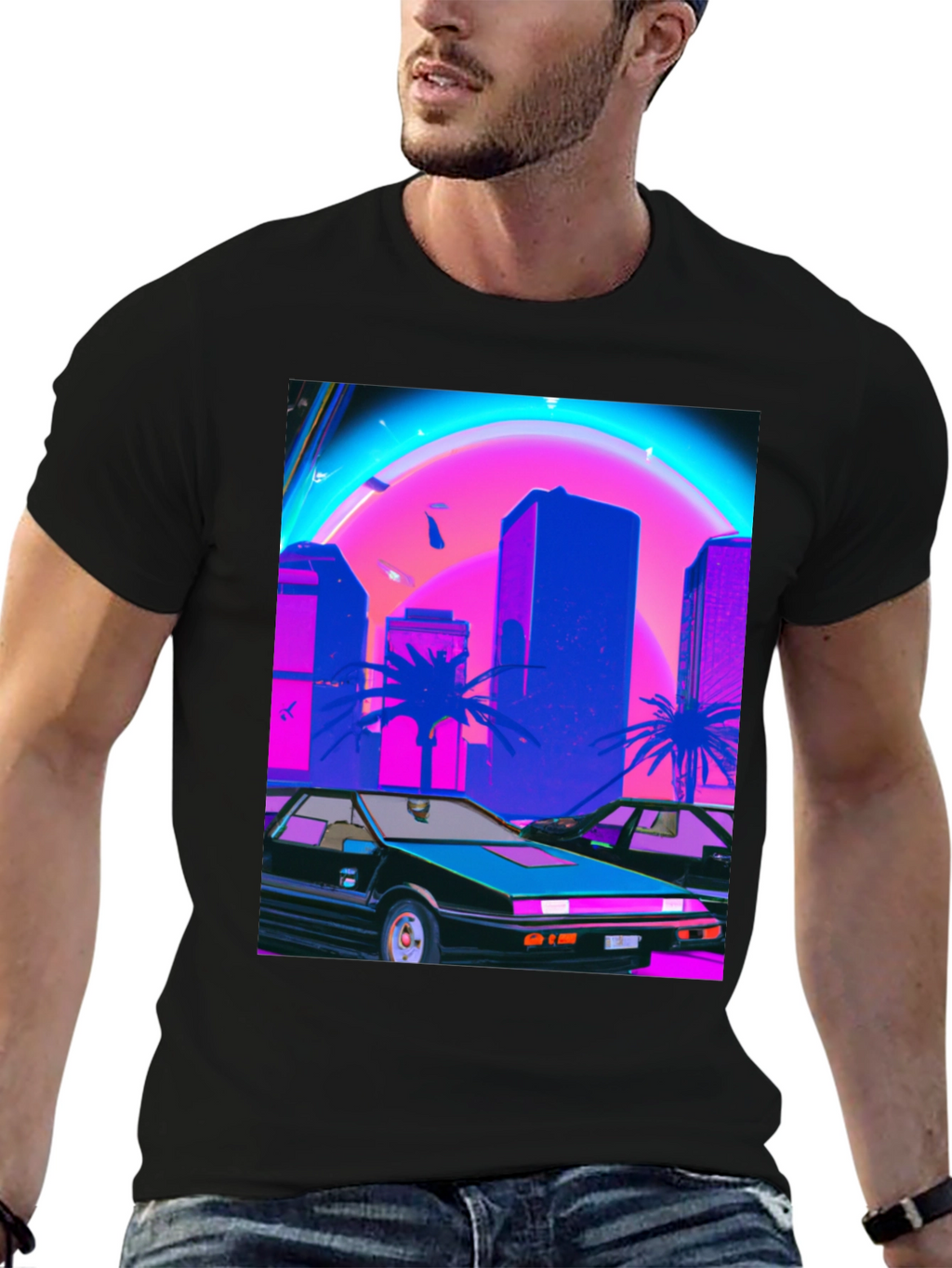 Retro Wave Graphic Tee - Synthwave Car & City