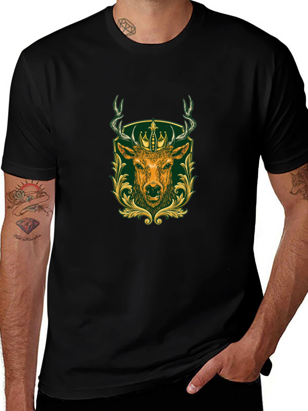 Mens Black Tee with Deer & Crown Graphic