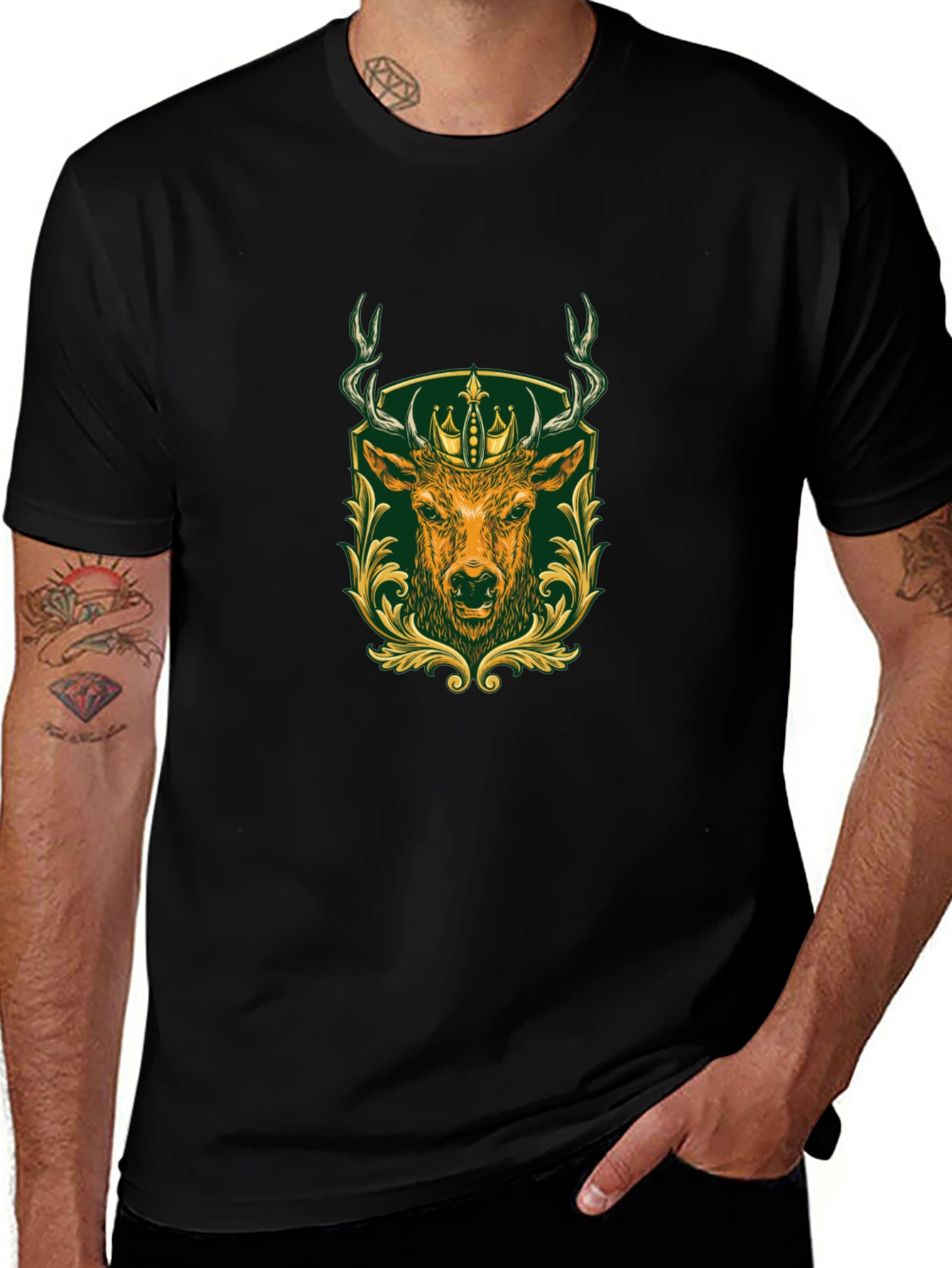Mens Black Tee with Deer & Crown Graphic