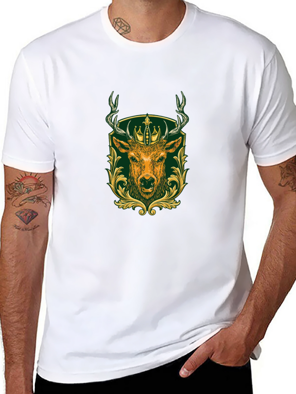 Mens Black Tee with Deer & Crown Graphic