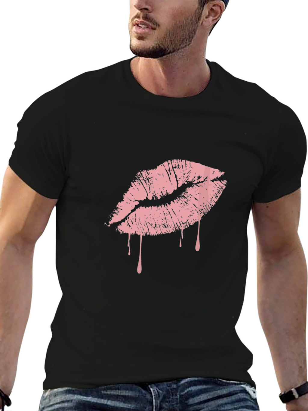 Black T-Shirt with Pink Dripping Lips Graphic
