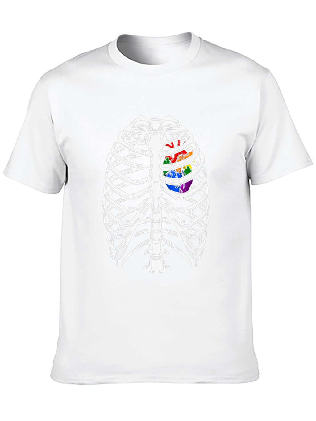 Skeleton Rib Cage with Rainbow Heart Graphic T-Shirt