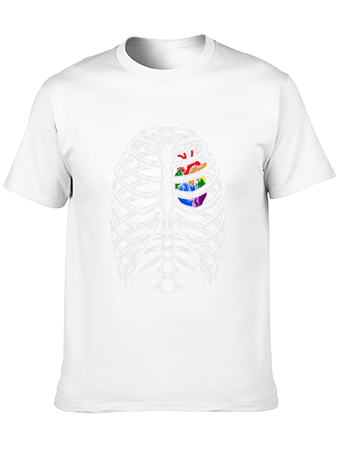 Skeleton Rib Cage with Rainbow Heart Graphic T-Shirt