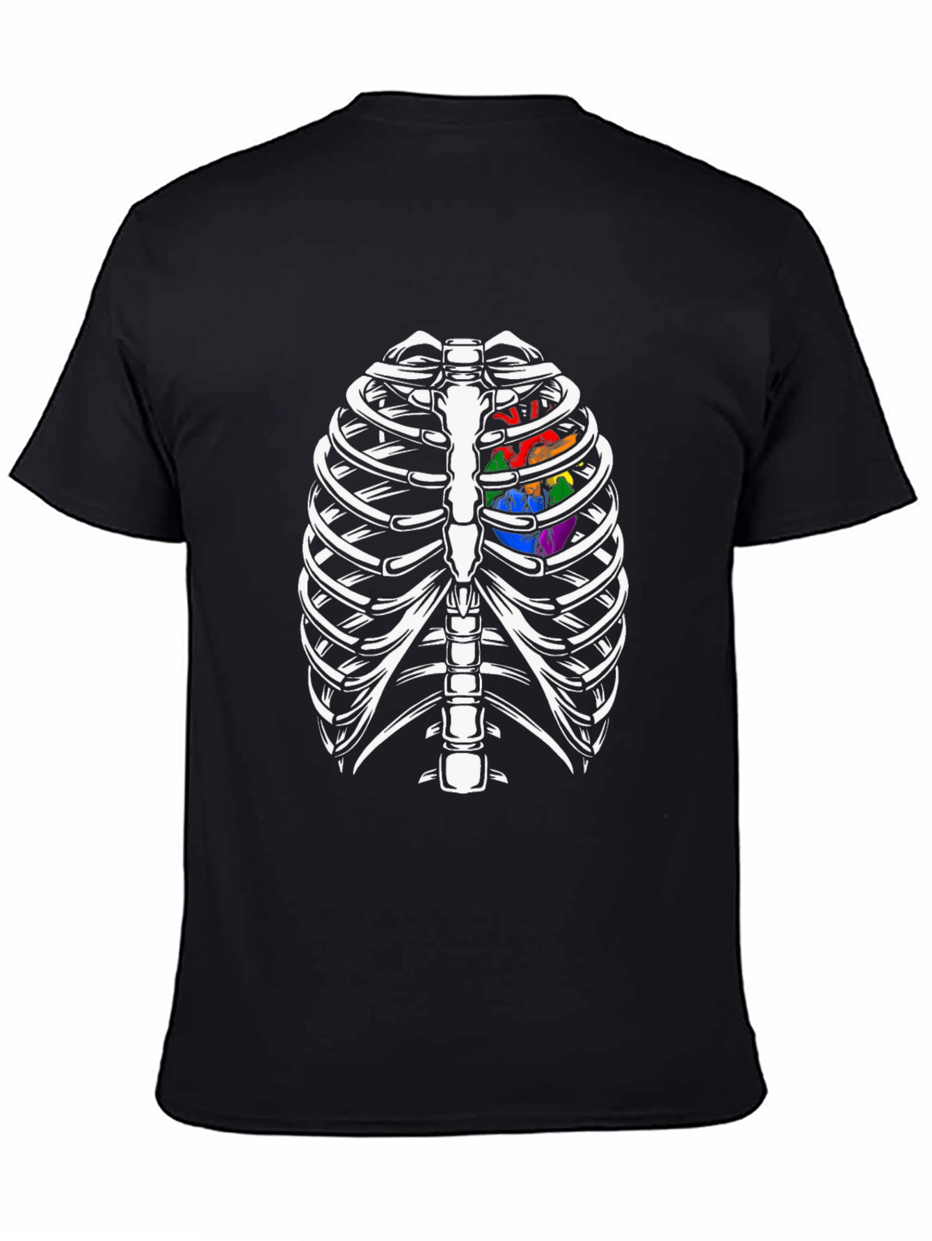 Skeleton Rib Cage with Rainbow Heart Graphic T-Shirt