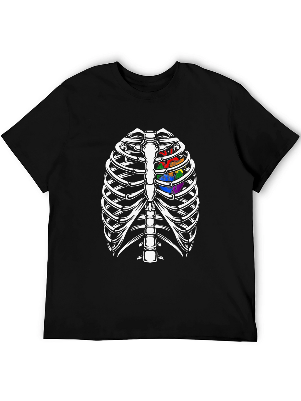 Skeleton Rib Cage with Rainbow Heart Graphic T-Shirt