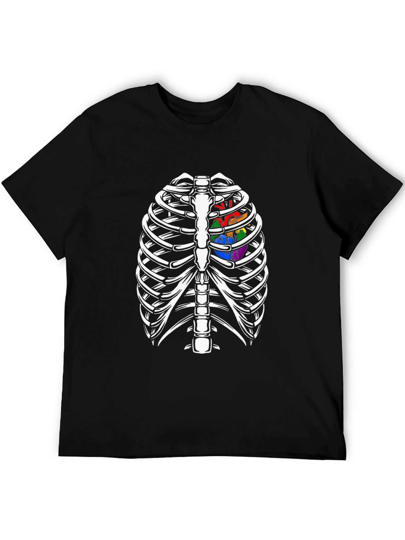 Skeleton Rib Cage with Rainbow Heart Graphic T-Shirt