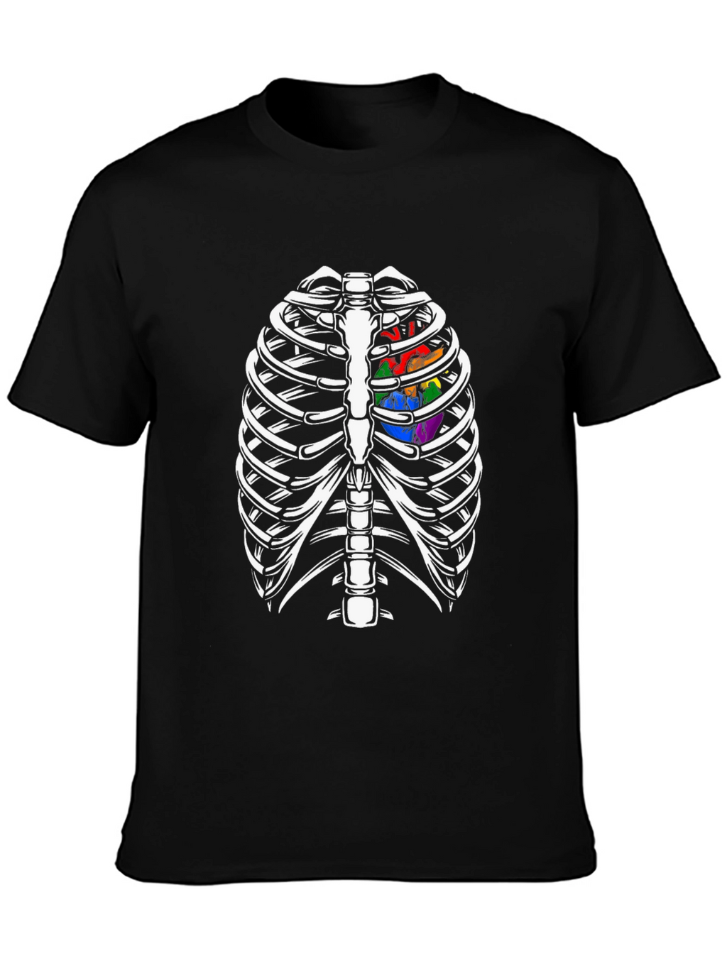 Skeleton Rib Cage with Rainbow Heart Graphic T-Shirt