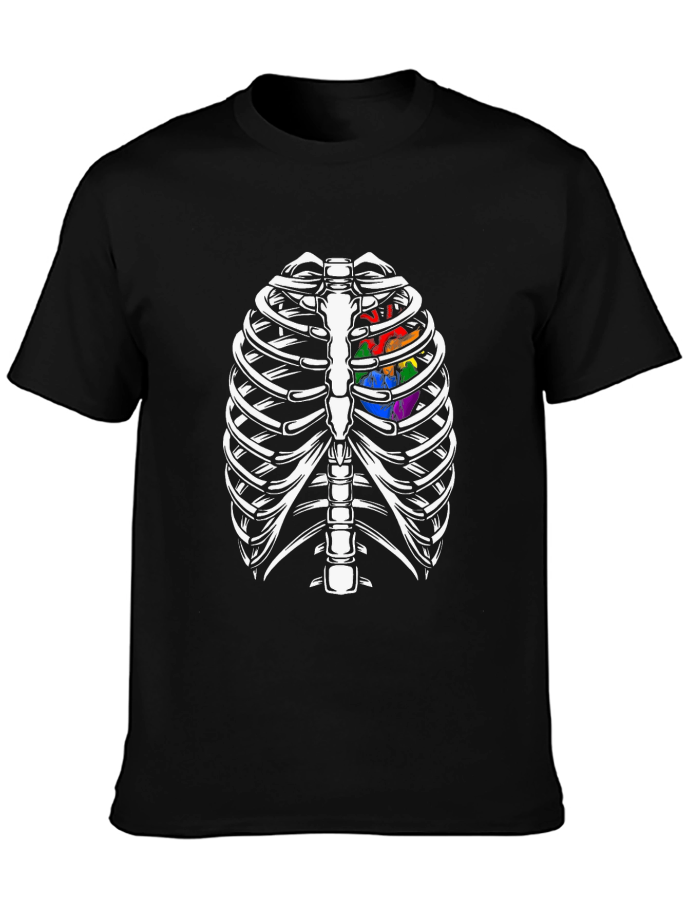 Skeleton Rib Cage with Rainbow Heart Graphic T-Shirt