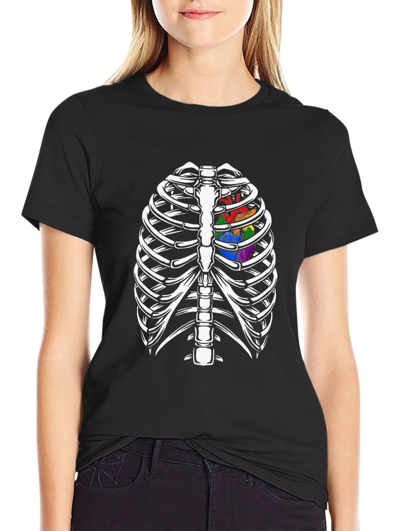 Skeleton Rib Cage with Rainbow Heart Graphic T-Shirt