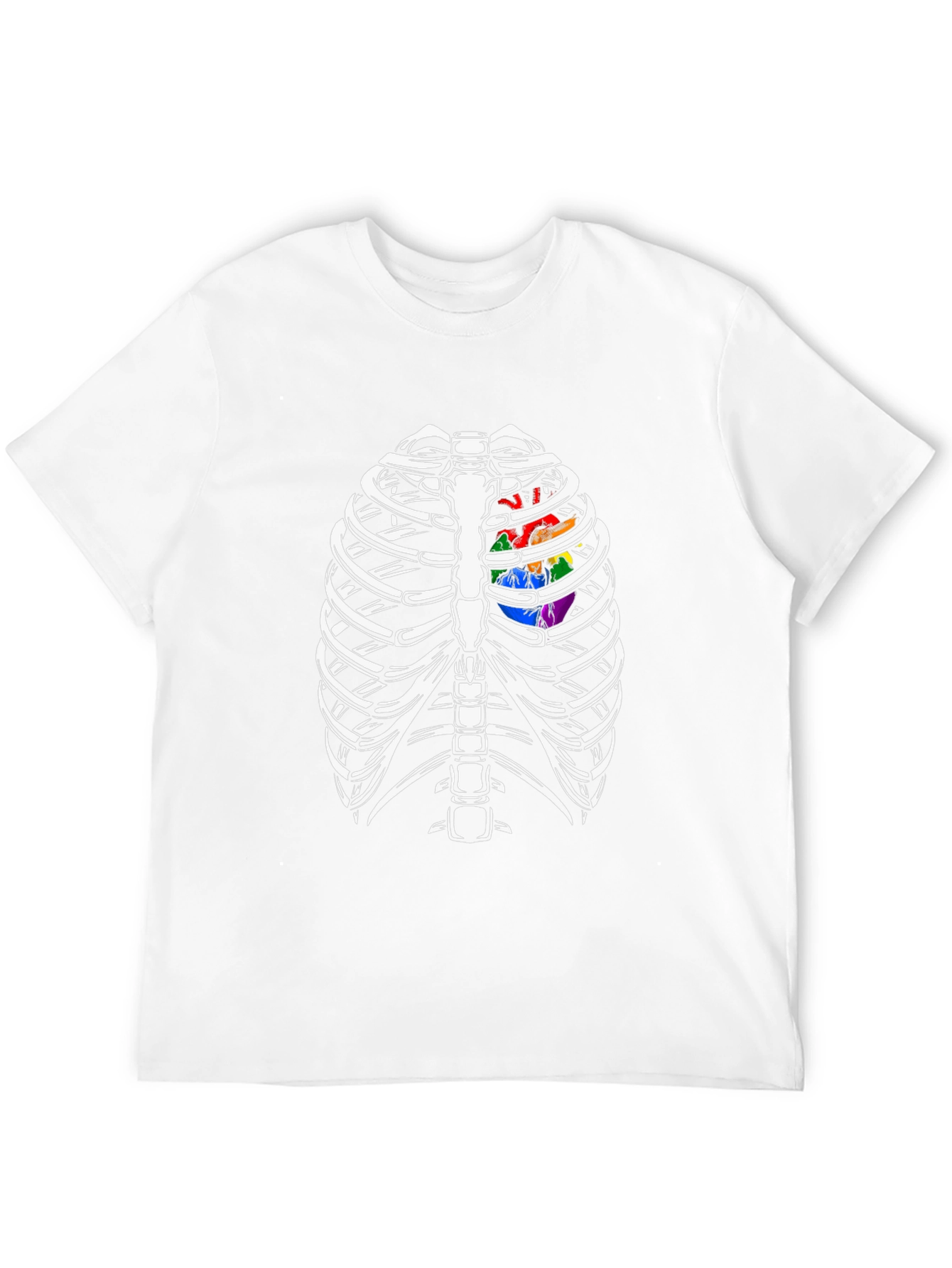 Skeleton Rib Cage with Rainbow Heart Graphic T-Shirt