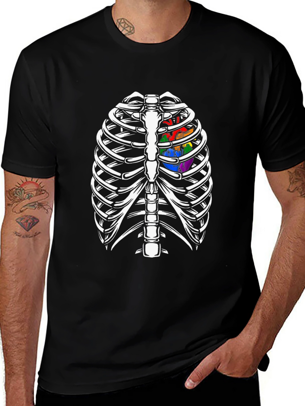 Skeleton Rib Cage with Rainbow Heart Graphic T-Shirt