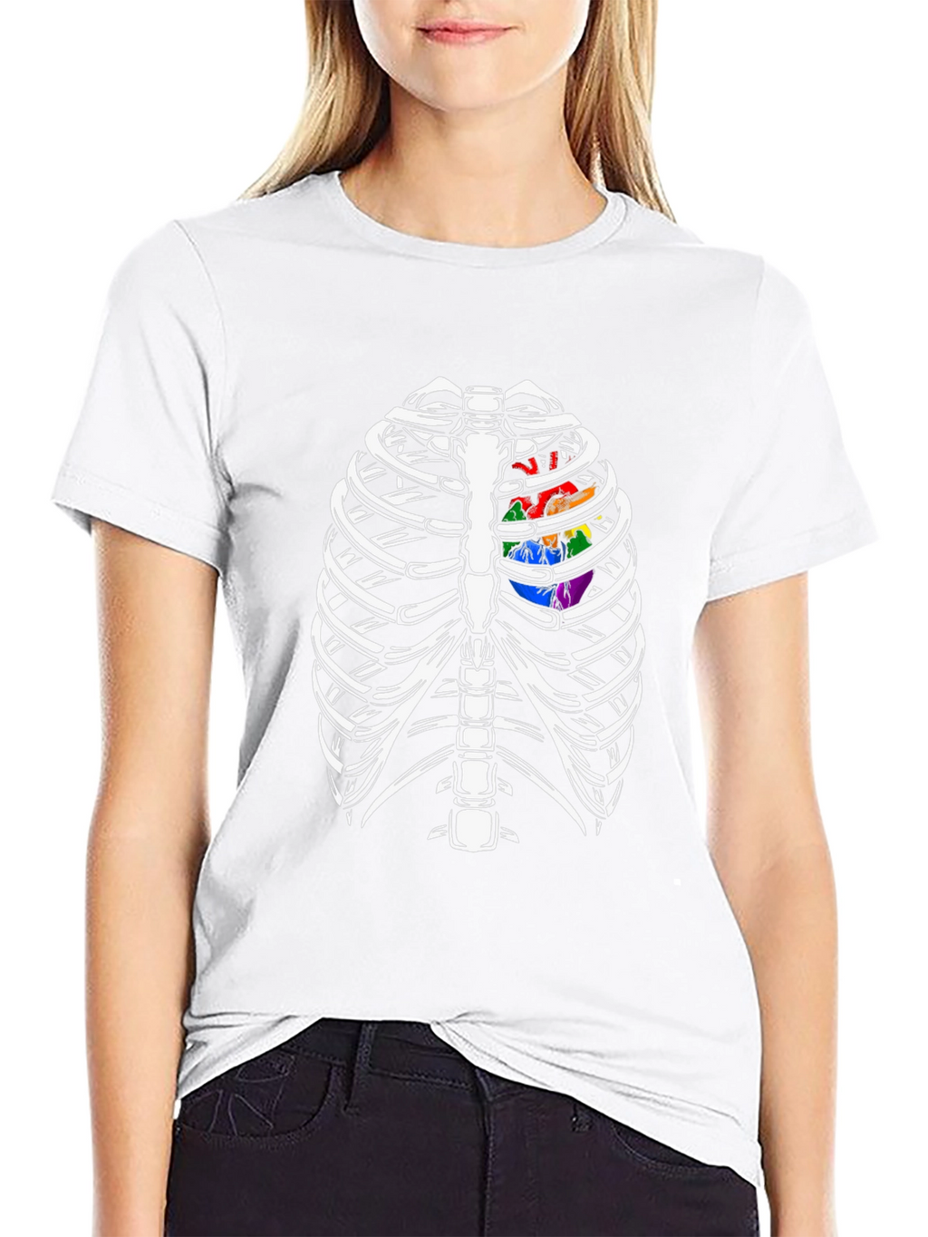 Skeleton Rib Cage with Rainbow Heart Graphic T-Shirt