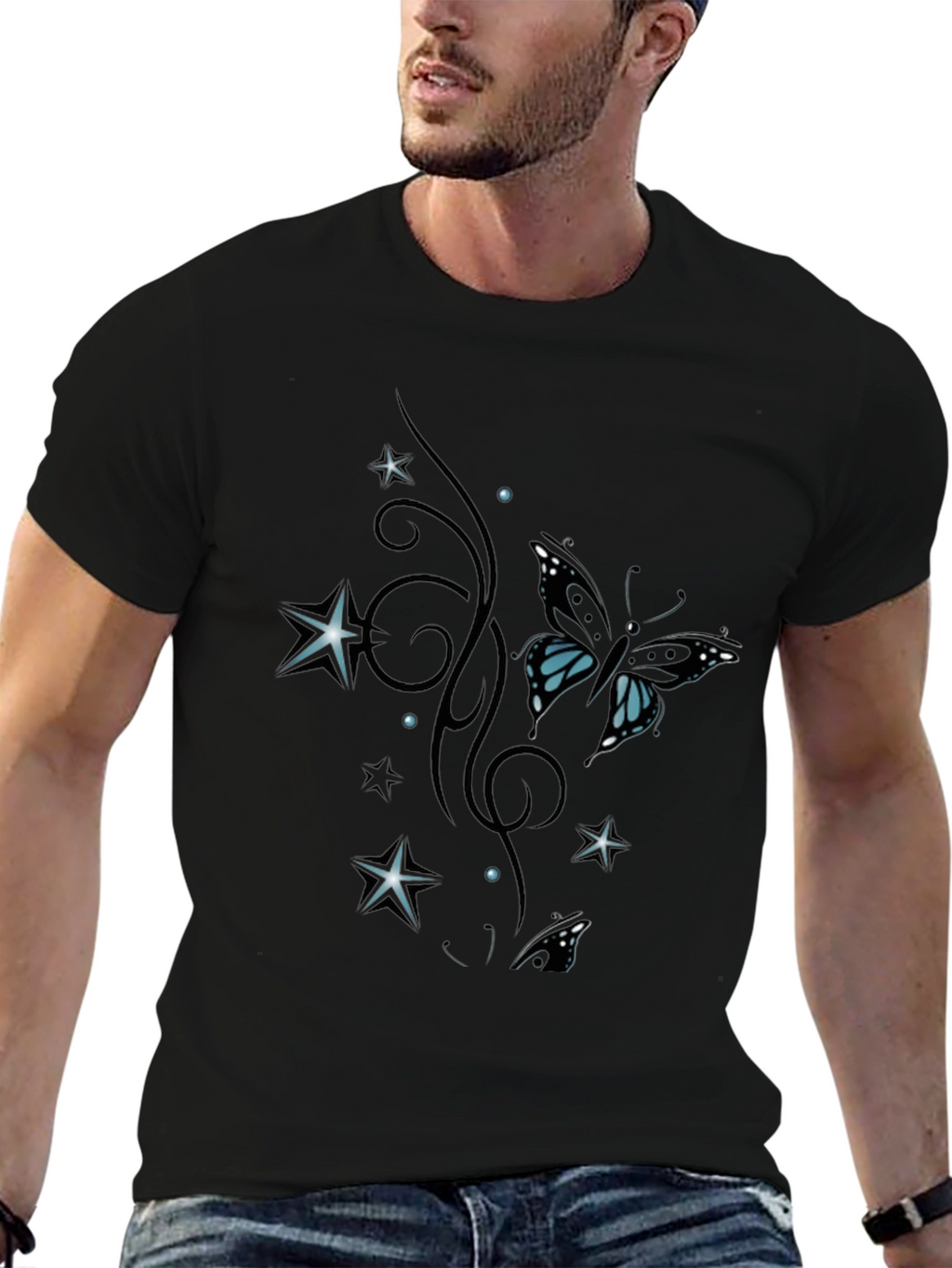 Butterfly & Stars Graphic Black T-Shirt