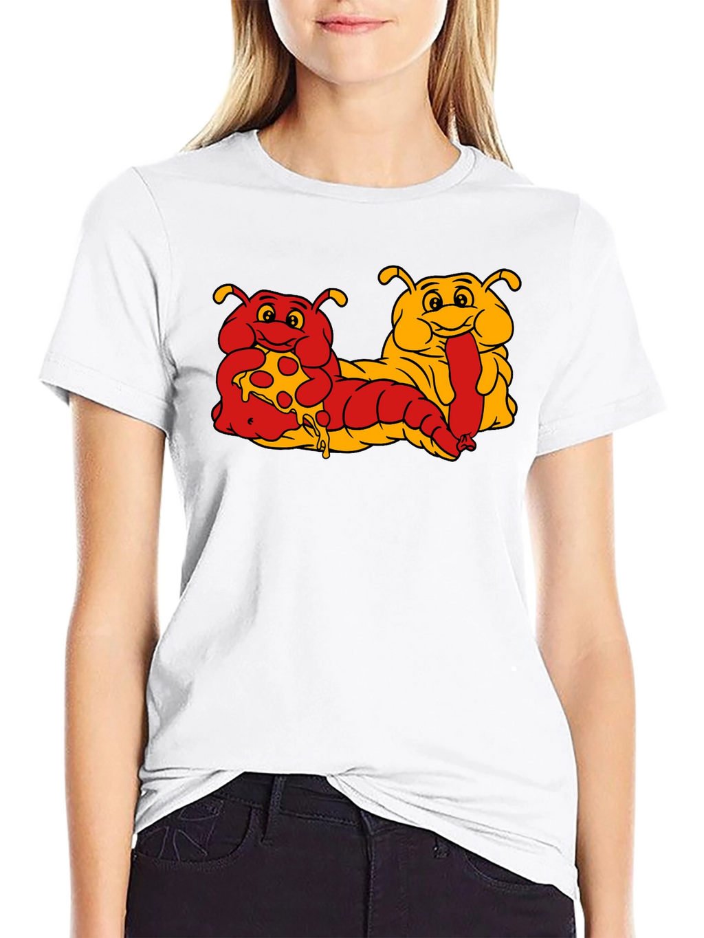 Cartoon Caterpillar Pizza & Hotdog T-Shirt