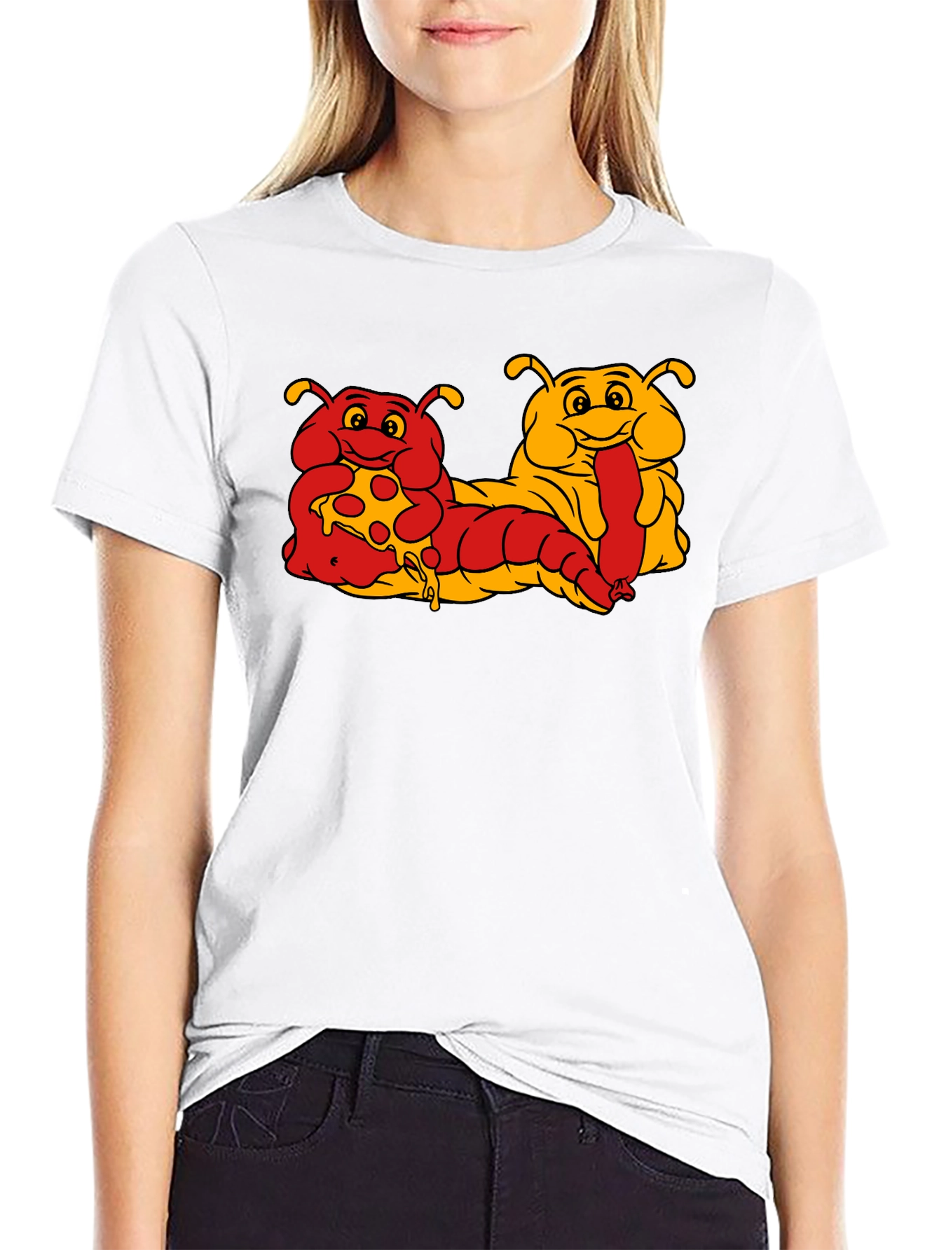 Cartoon Caterpillar Pizza & Hotdog T-Shirt