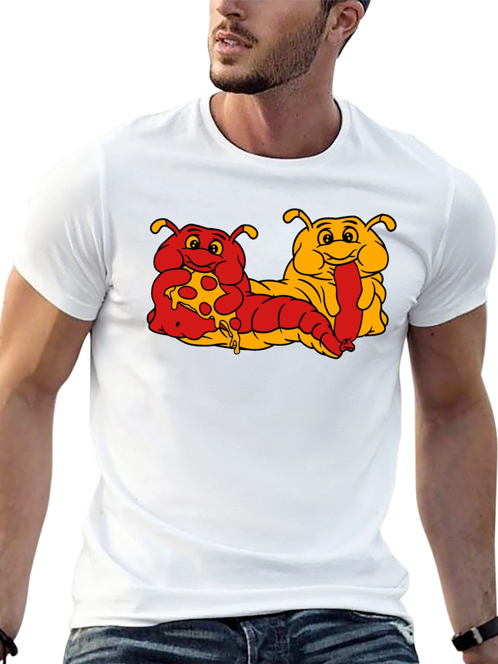 Cartoon Caterpillar Pizza & Hotdog T-Shirt
