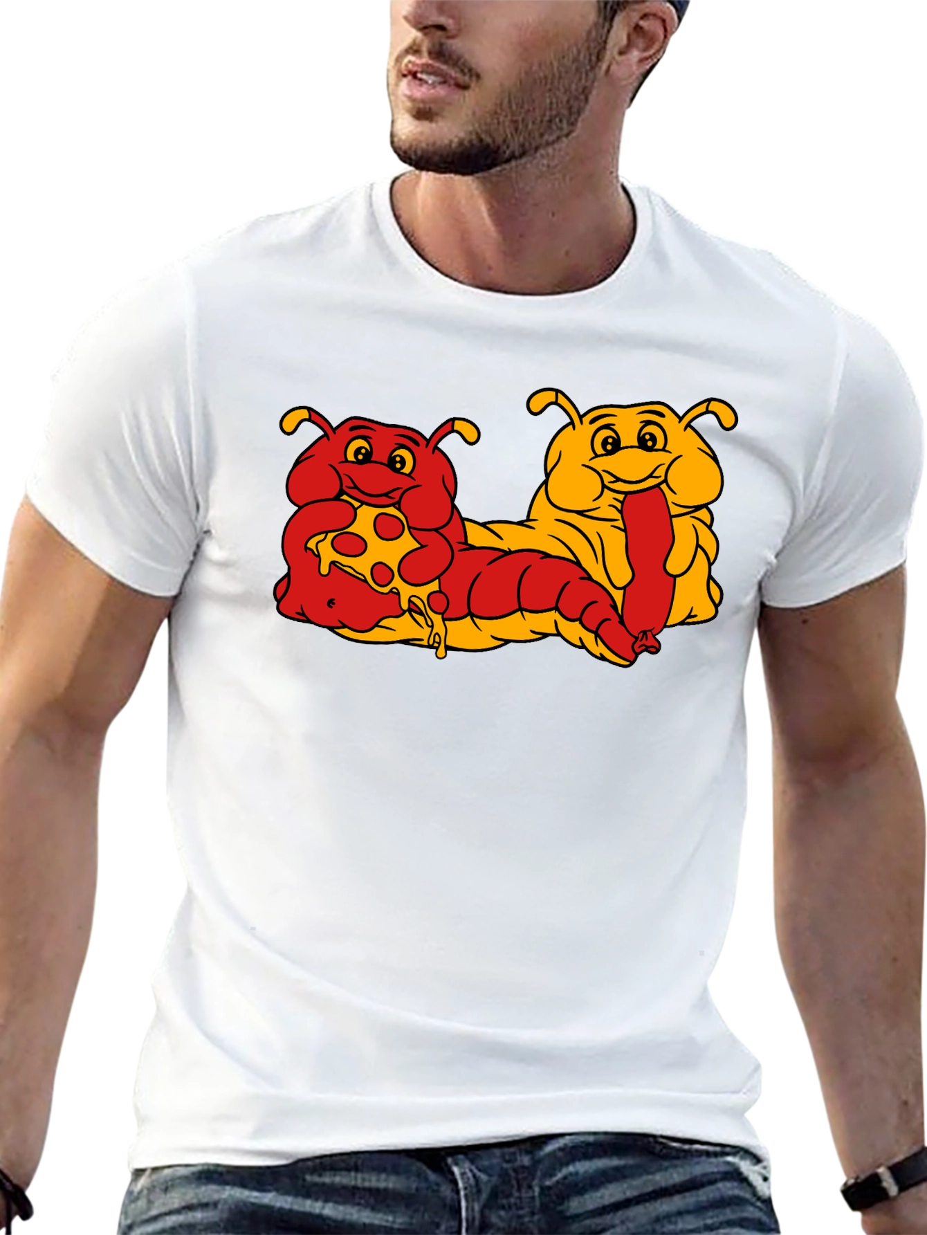 Cartoon Caterpillar Pizza & Hotdog T-Shirt