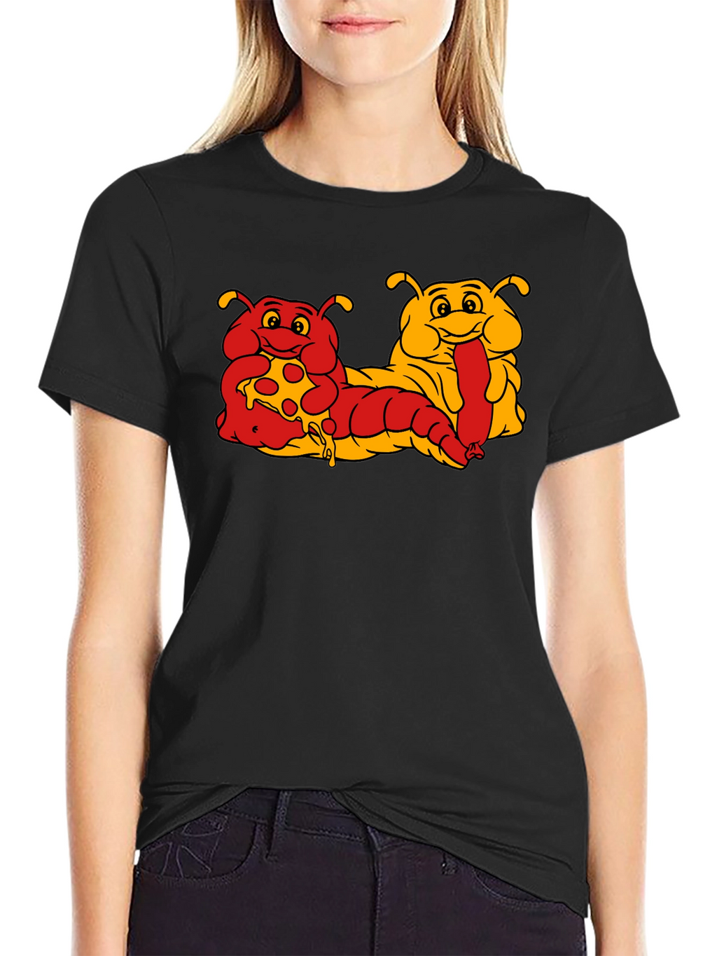 Cartoon Caterpillar Pizza & Hotdog T-Shirt