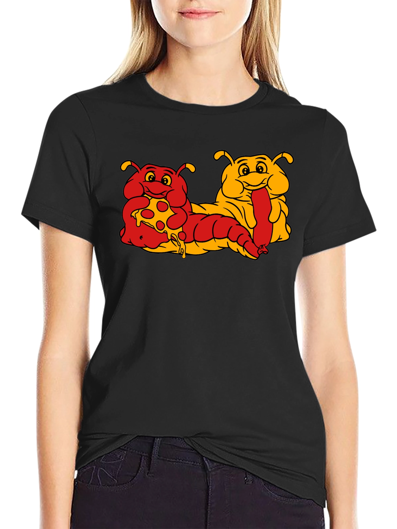 Cartoon Caterpillar Pizza & Hotdog T-Shirt