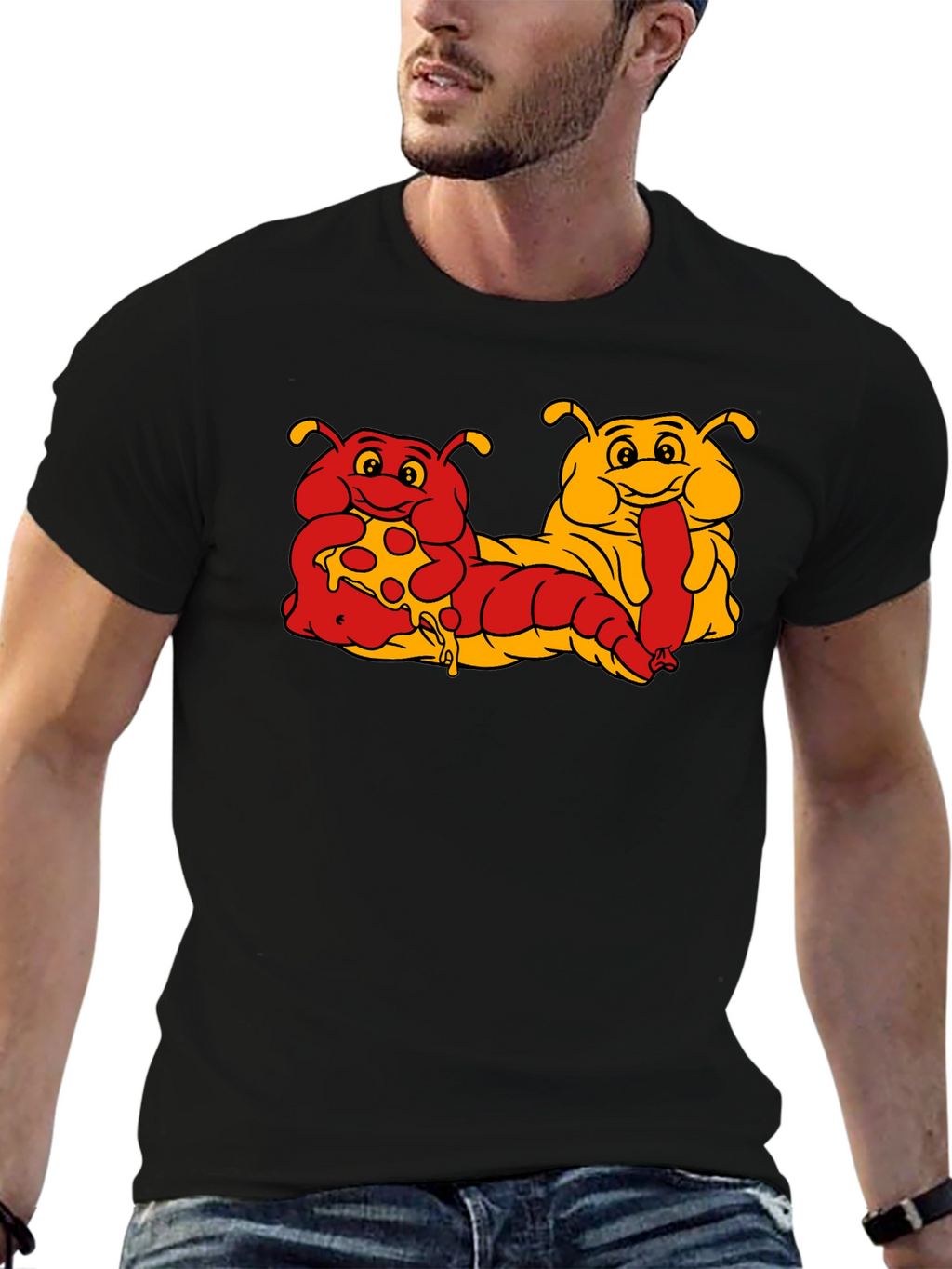 Cartoon Caterpillar Pizza & Hotdog T-Shirt