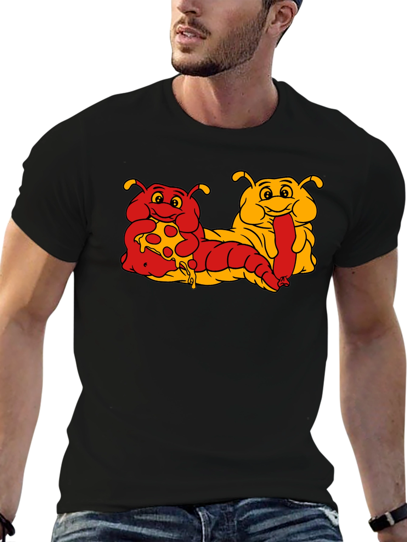 Cartoon Caterpillar Pizza & Hotdog T-Shirt