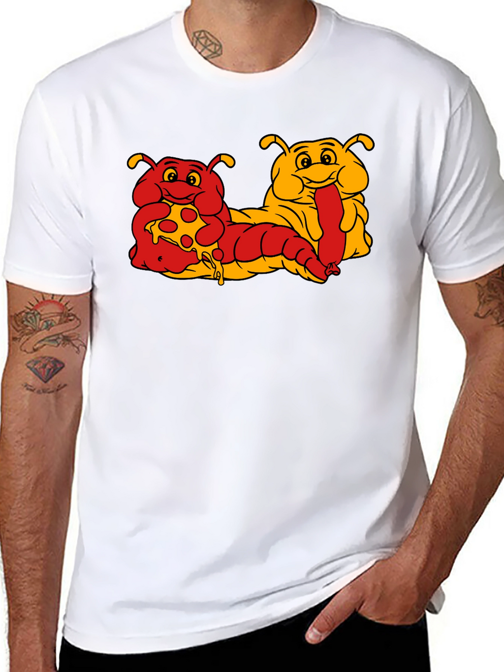 Cartoon Caterpillar Pizza & Hotdog T-Shirt