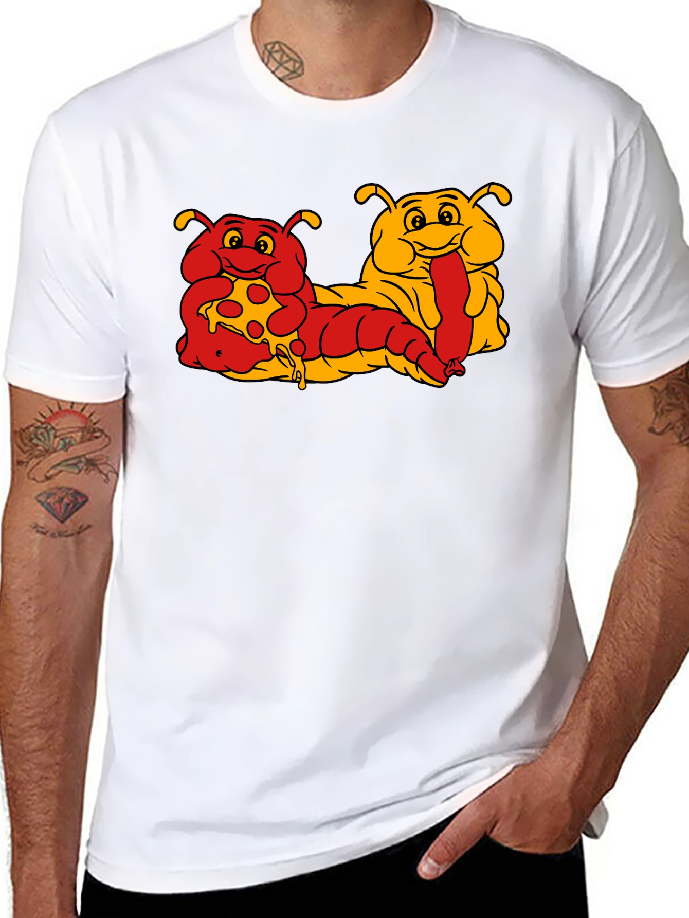 Cartoon Caterpillar Pizza & Hotdog T-Shirt