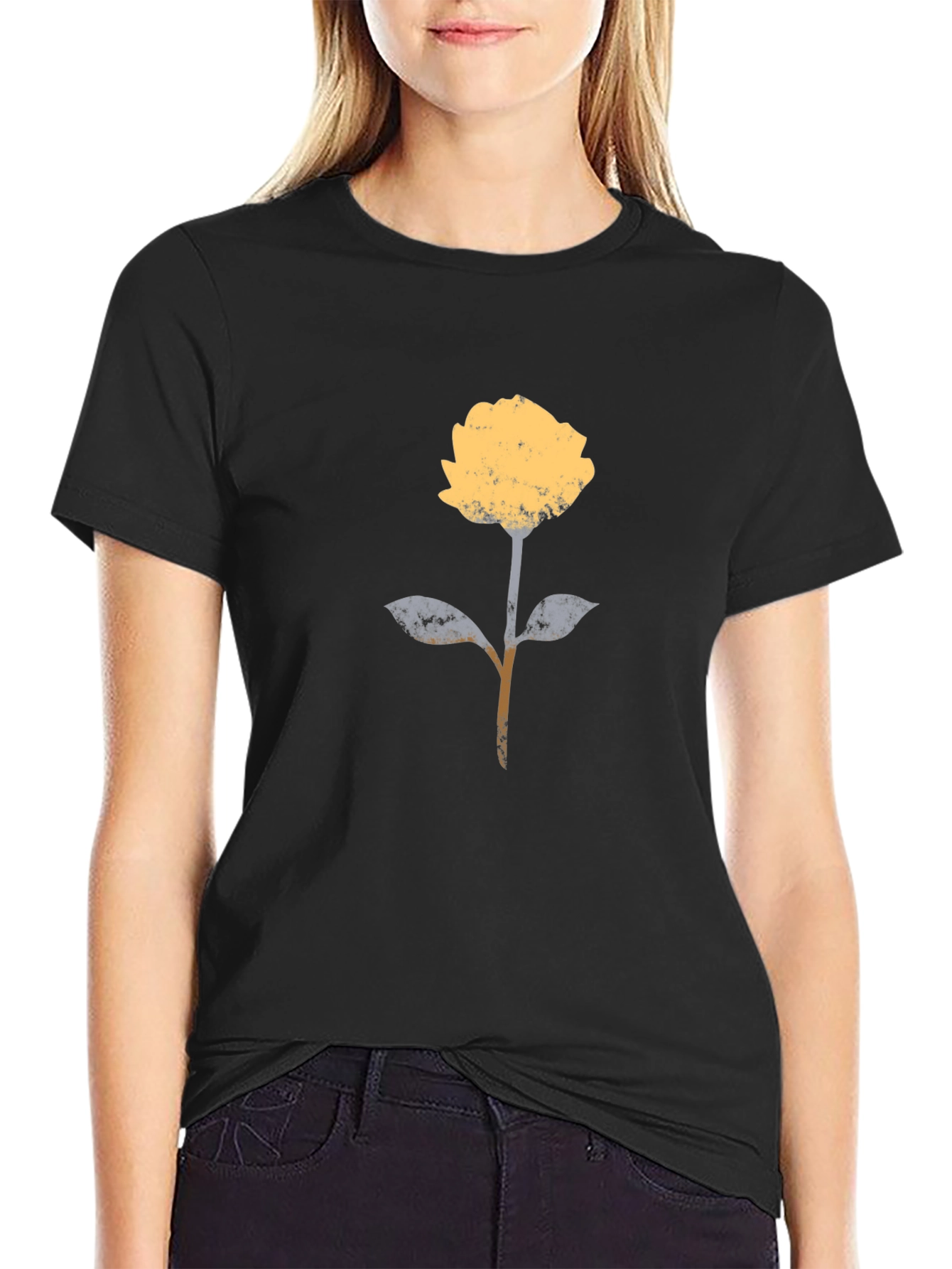 Modern Floral Graphic T-Shirt - Black Cotton Blend