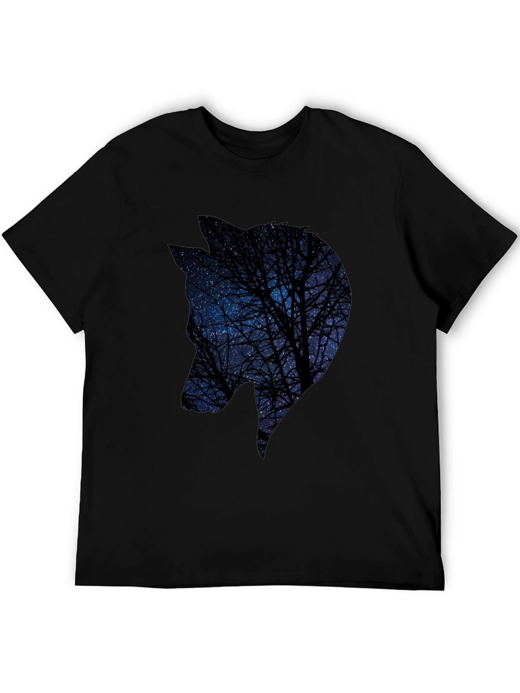 Night Sky Wolf Graphic Tee - Black Cotton Blend