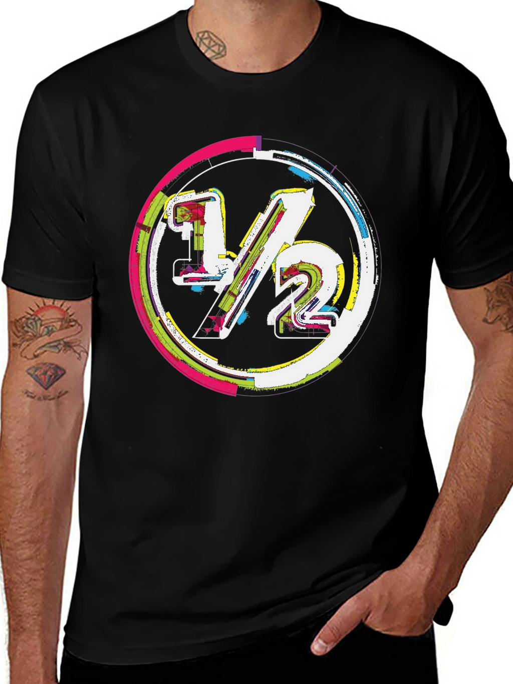 Modern 1/2 Graphic Tee - Unique Design Black Cotton