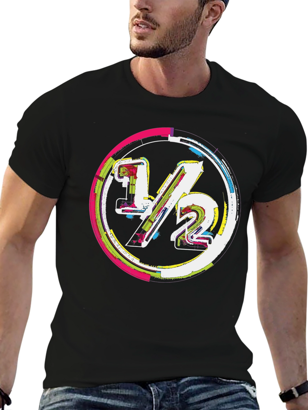 Modern 1/2 Graphic Tee - Unique Design Black Cotton