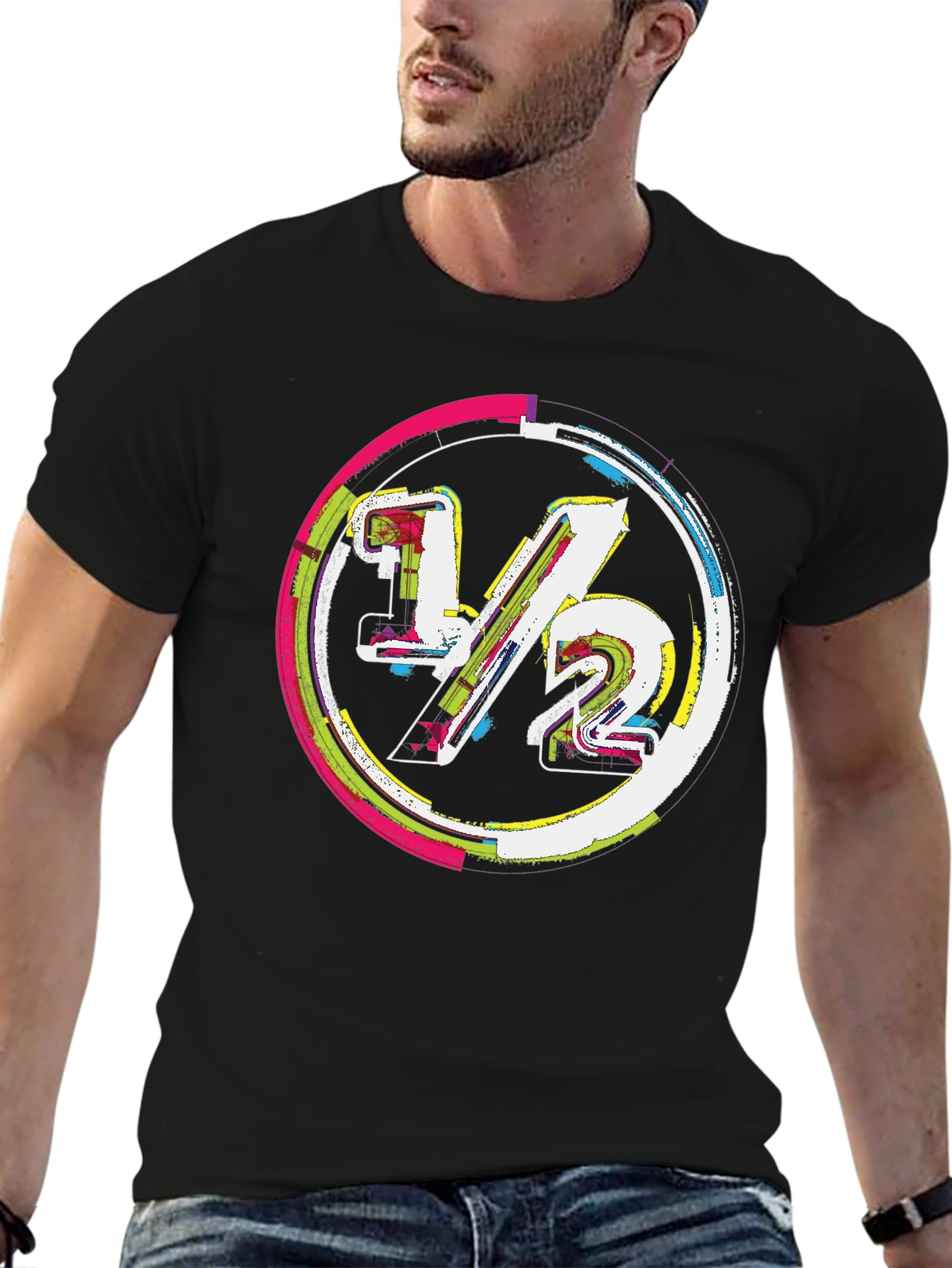 Modern 1/2 Graphic Tee - Unique Design Black Cotton