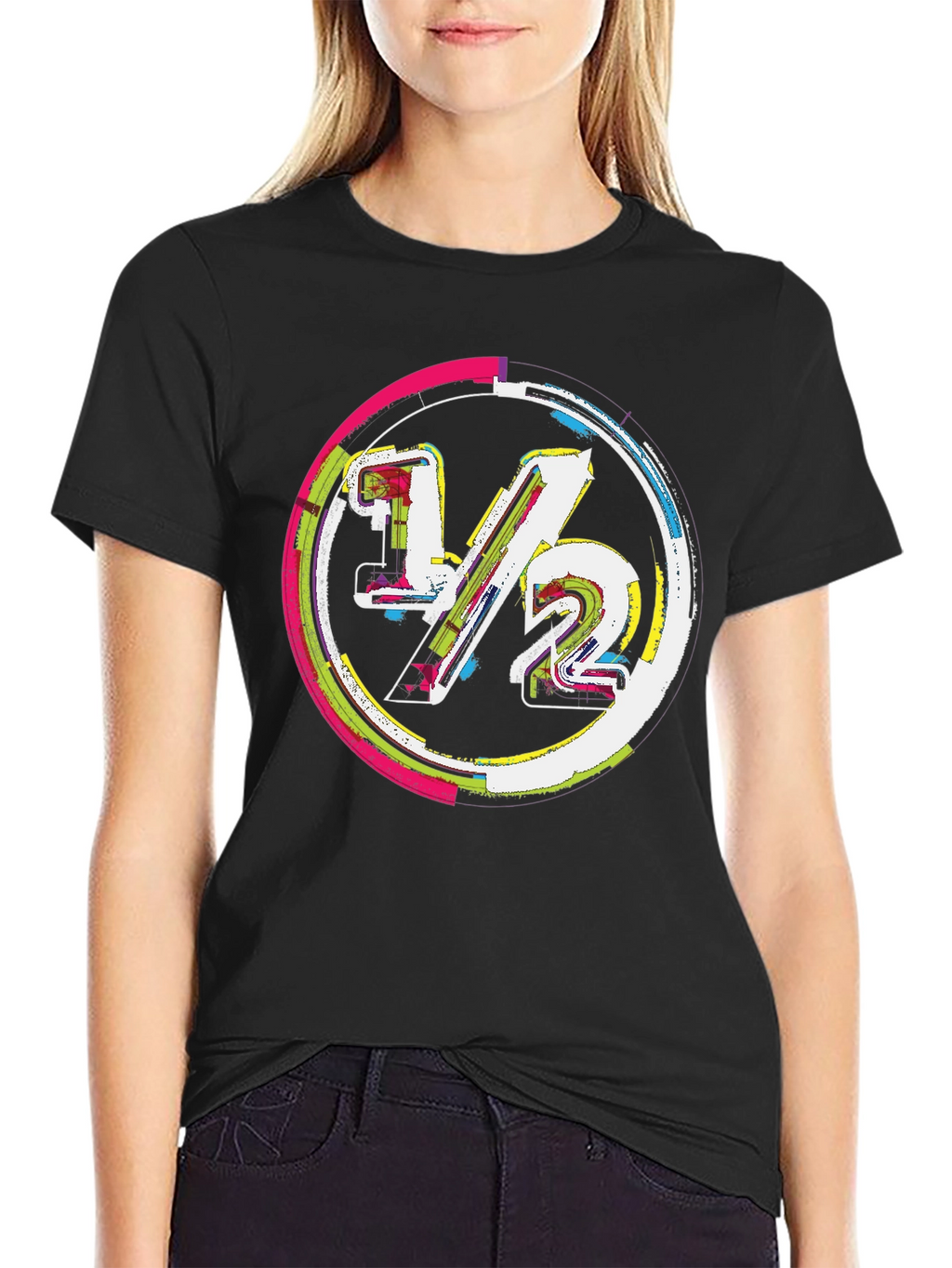 Modern 1/2 Graphic Tee - Unique Design Black Cotton