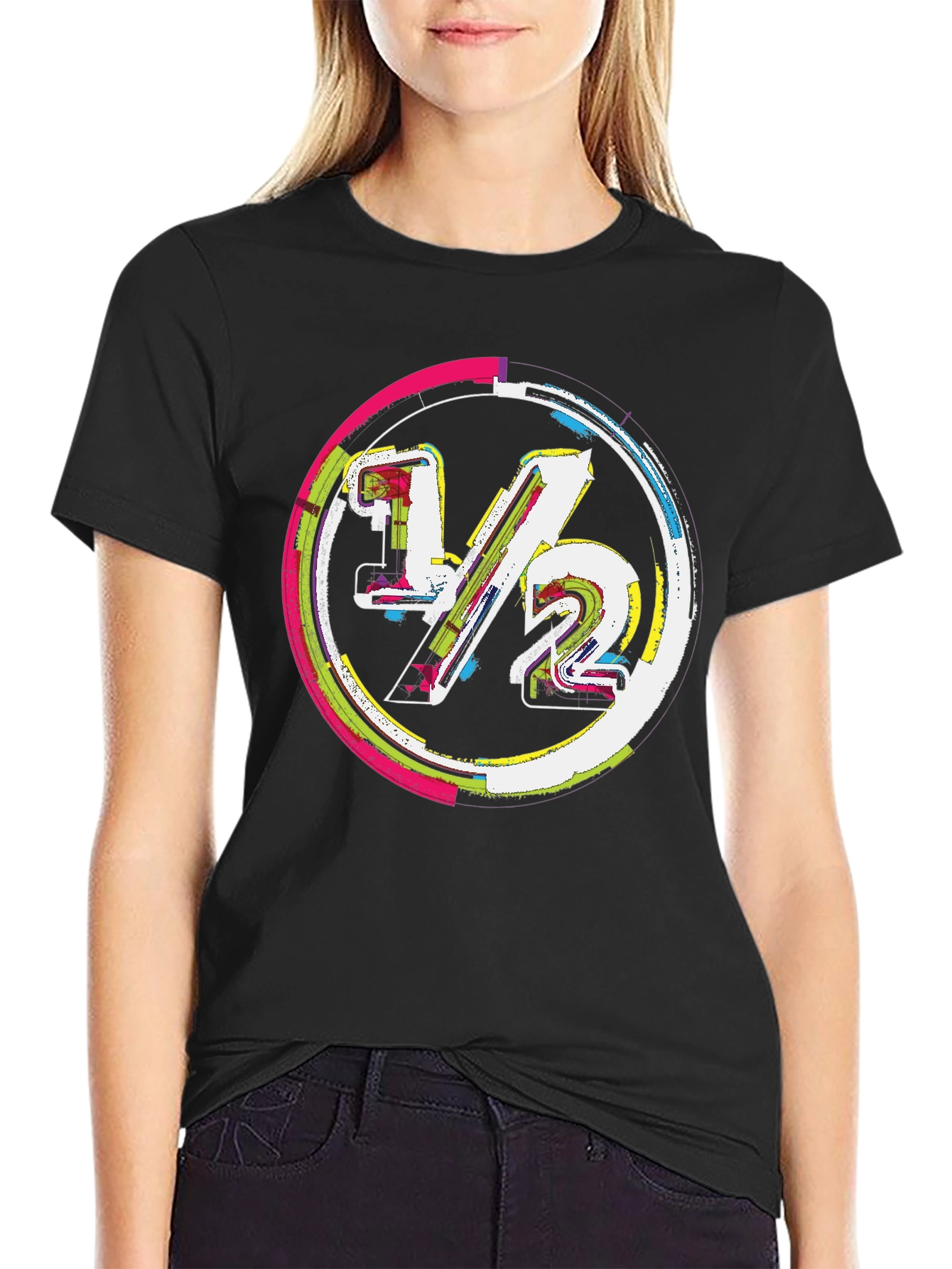 Modern 1/2 Graphic Tee - Unique Design Black Cotton