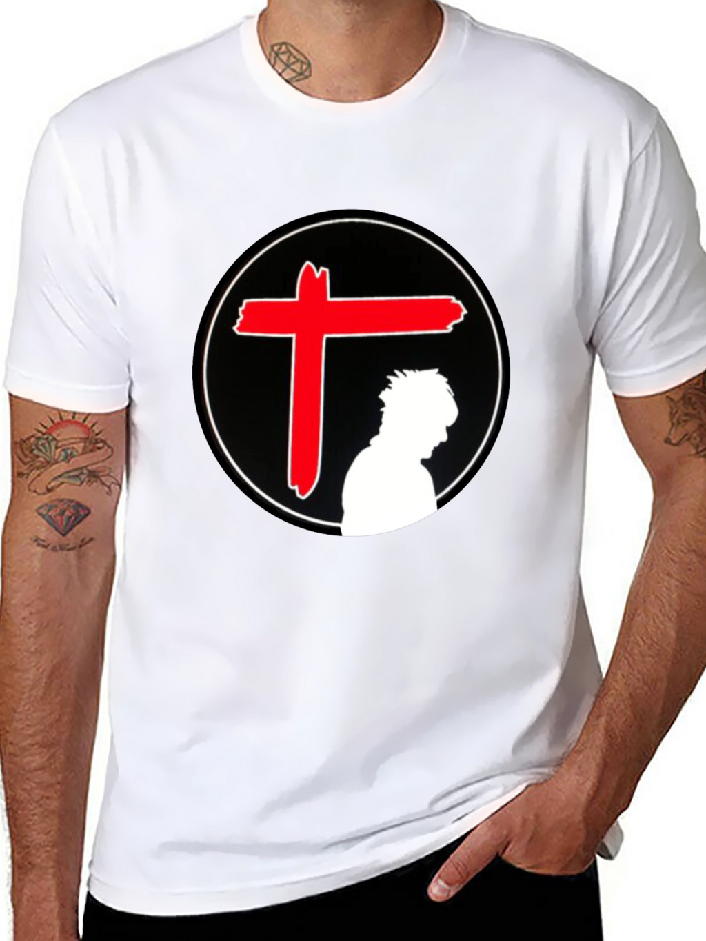 Edgy Graphic T-Shirt - Red Cross Silhouette
