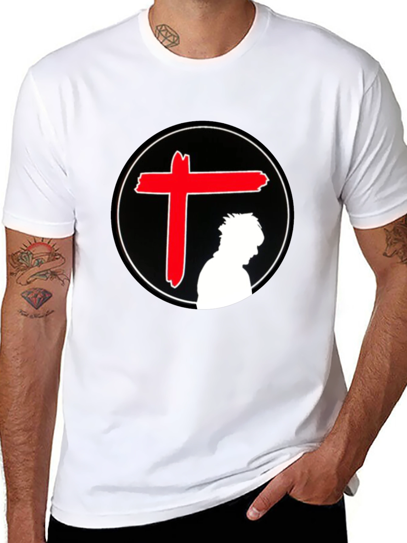 Edgy Graphic T-Shirt - Red Cross Silhouette