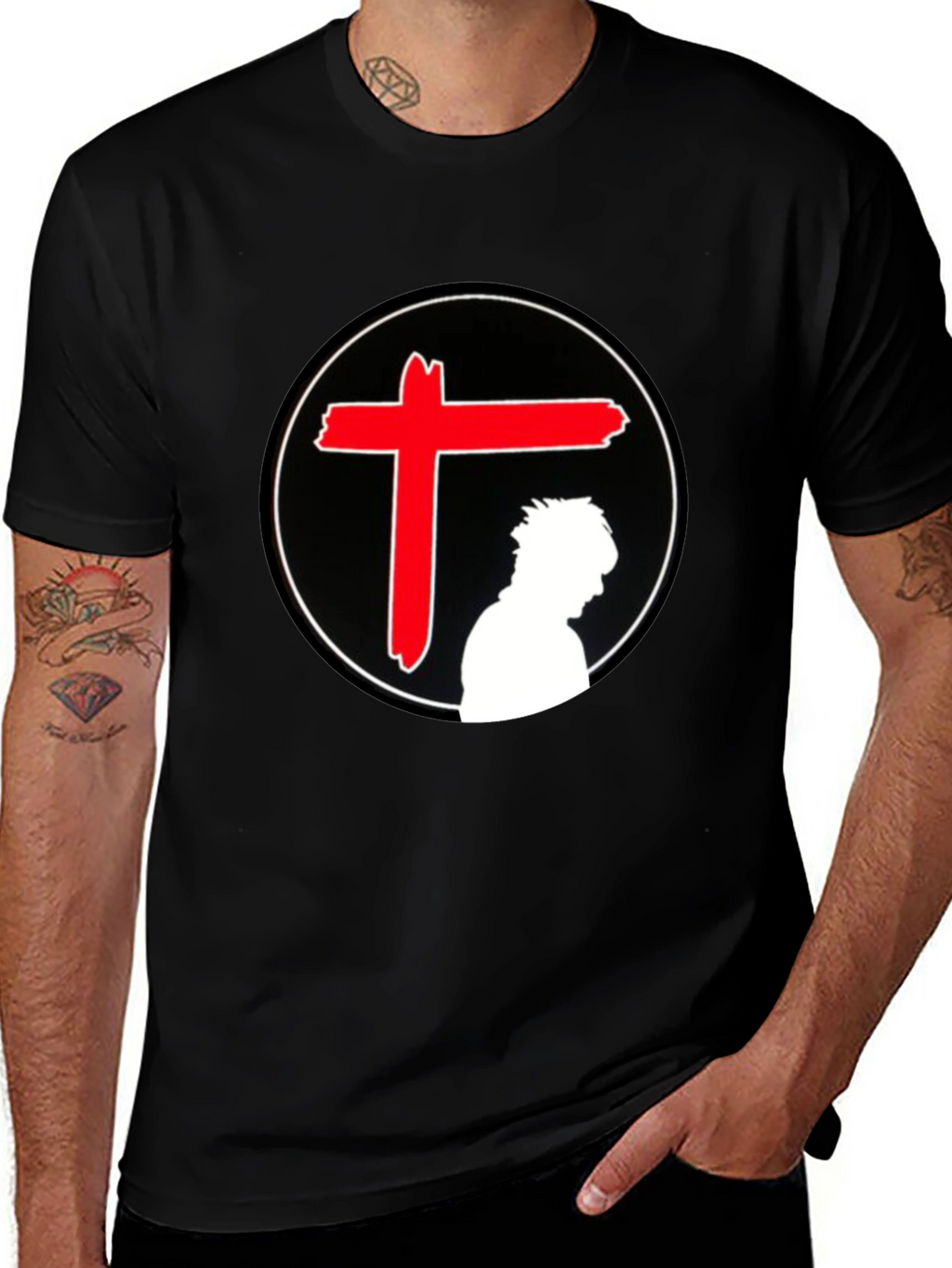 Edgy Graphic T-Shirt - Red Cross Silhouette
