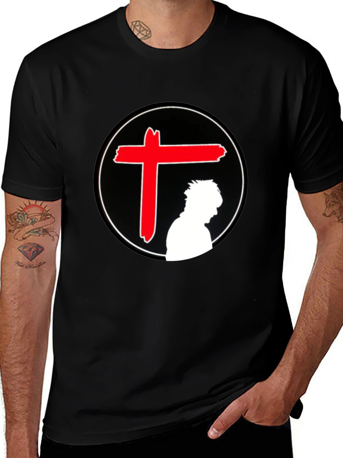 Edgy Graphic T-Shirt - Red Cross Silhouette