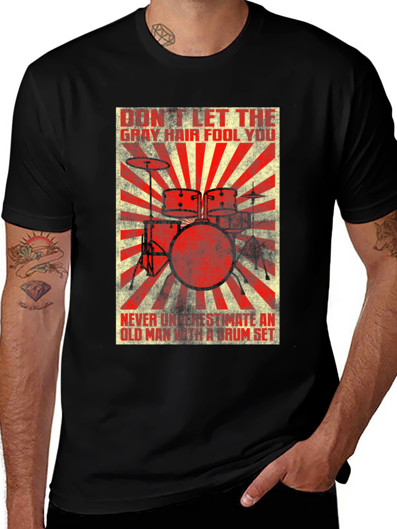 Drummer T-Shirt: Gray Hair Fool You Old Man Drum Set