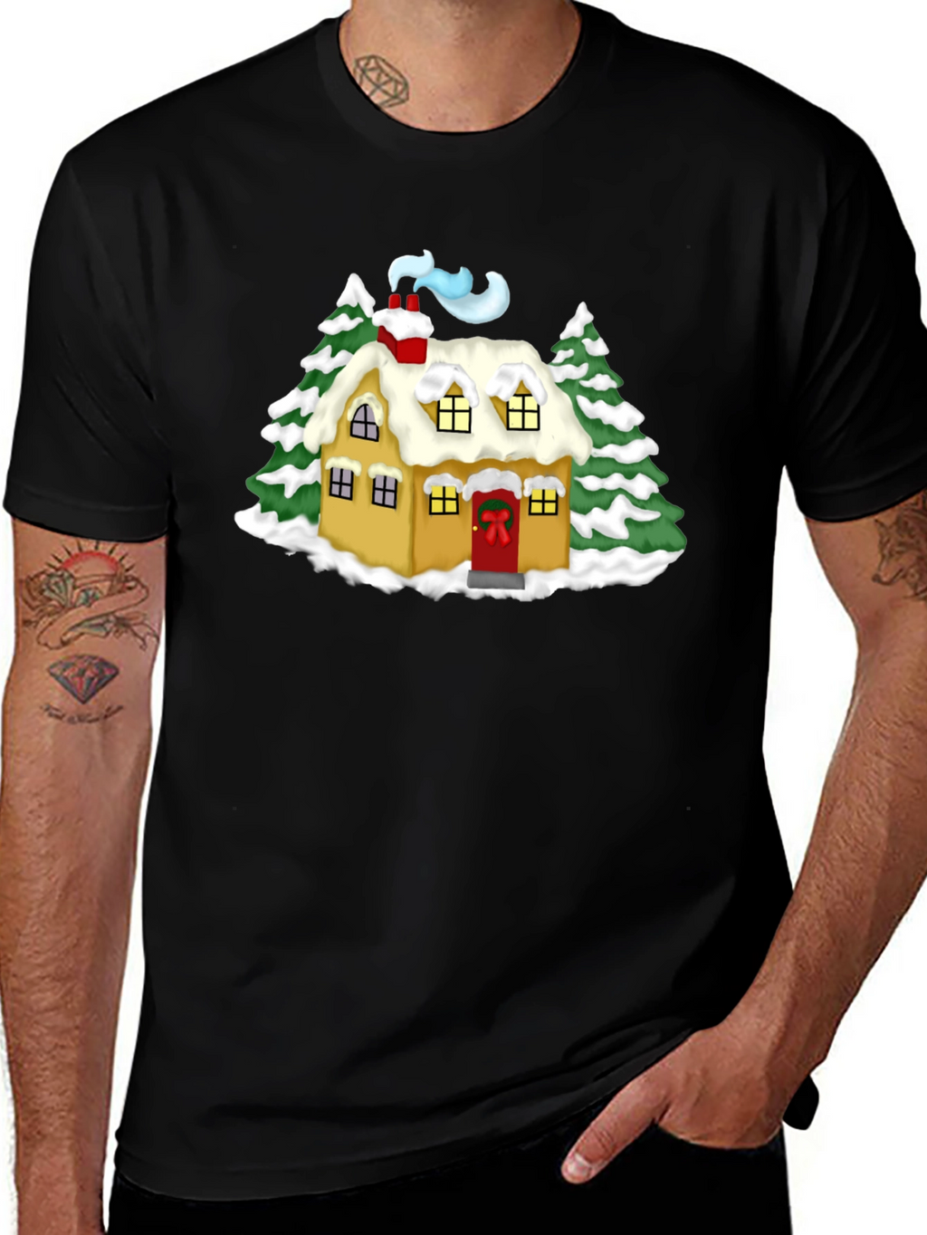 Whimsical Winter House Graphic Tee - Black